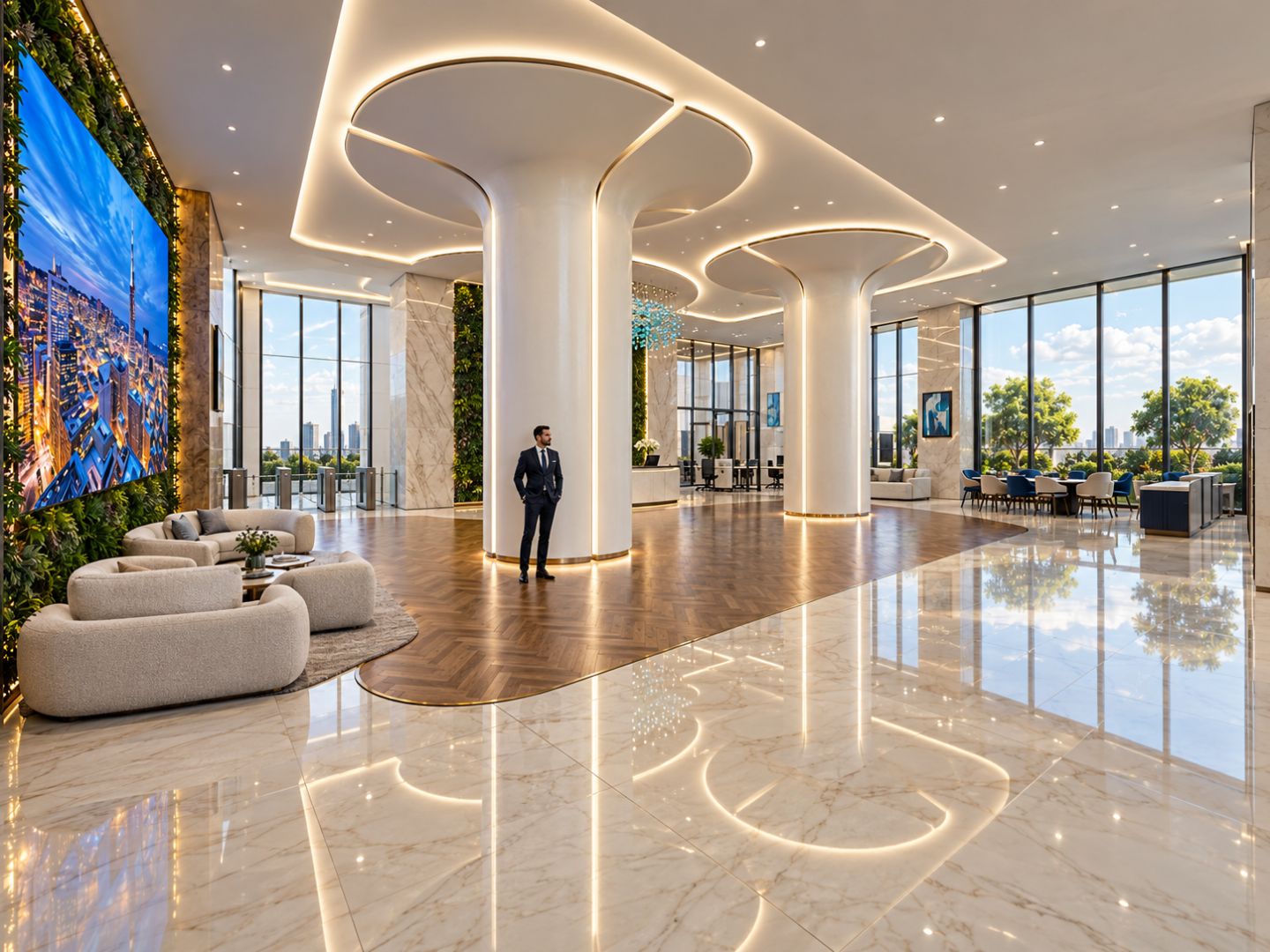 The Pegasus lobby — sculptural lit columns over herringbone timber, a living wall and full-height glazing.